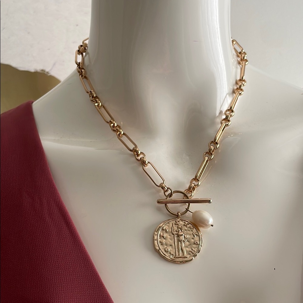 Ancient Greek Gold coin toggle Chain Necklace with faux pearl